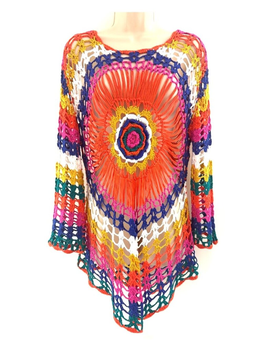 Venus Multicolor Crochet Sheer Sweater Tunic Top Beach Swim Cover-Up Boho Hippie